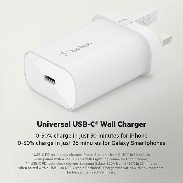 Belkin USB-C PD 3.0 PPS Wall Charger 25W + USB-C to Lightning Connector Cable, fast charger - White