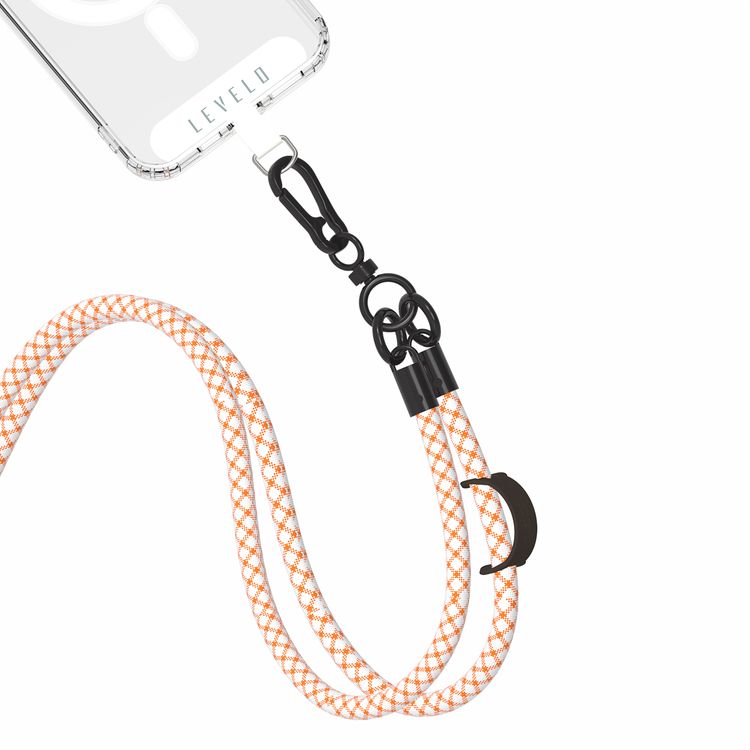 Levelo Everly Phone Crossbody Lanyard, 1.2m, Polyester Fiber, Metal Finish, Lightweight, Durable Material, Adjustable Straps, Universal Compatibility, Hypoallergenic Material - Orange / White