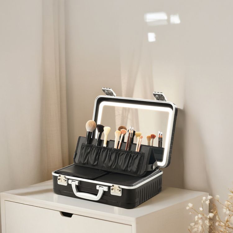 Porodo Travel Makeup Case with Detachable LED Mirror, 3000mA Battery, 144 LED Beads, 2800-6500K Color Temperature, 3 Light Modes, USB-C Charging Interface, Multiple Compartments - Black