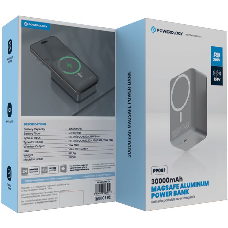 Powerology 30000mAh MagSafe Aluminum Power Bank with 20W Power Delivery, 15W Wireless Output, Li-Polymer Battery, Simultaneous Charging, Compact Design - Dark Gray