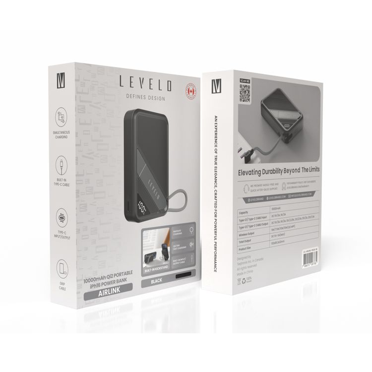 باور بانك Levelo Air Link 10000mAh MagSafe مع حامل وInt، وكابل إدخال/إخراج Type-C مدمج، وحامل مدمج، وشحن سريع Qi2 15 وات، وكابل قبضة، وشحن متزامن - أسود
