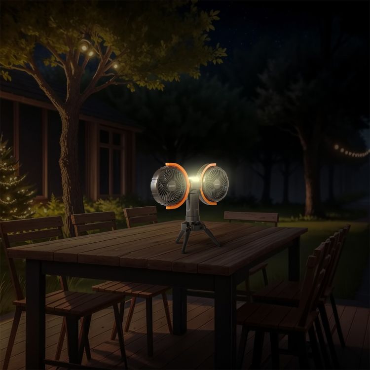 Porodo Lifestyle Dual-Head Oscillating Fan with LED Light, Power Bank, ABS & PP Material, 8000mAh Battery Capacity, Stable Tripod Base, Type-C Charging Port, 4 Levels Fan Speed, Hidden Hook - Black