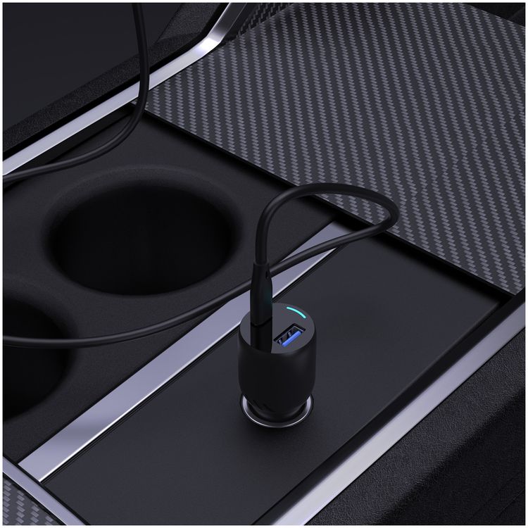 شاحن سيارة باورولوجي ثنائي المنافذ مع PD 65 وات و QC3.0 18 وات، منافذ USB-A و USB-C، مصنوع من مادة PC و ABS، حماية مدمجة، شحن سريع، تصميم حاصل على براءة اختراع، شاحن كمبيوتر محمول - أسود
