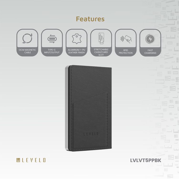 باور بانك محمول 3 في 1 من ليفيلوا فيرمونت، سعة بطارية 5000 مللي أمبير/ساعة، بطارية ليثيوم أيون، مصنوع من الألومنيوم + جلد البولي يوريثان، شحن سريع - أسود