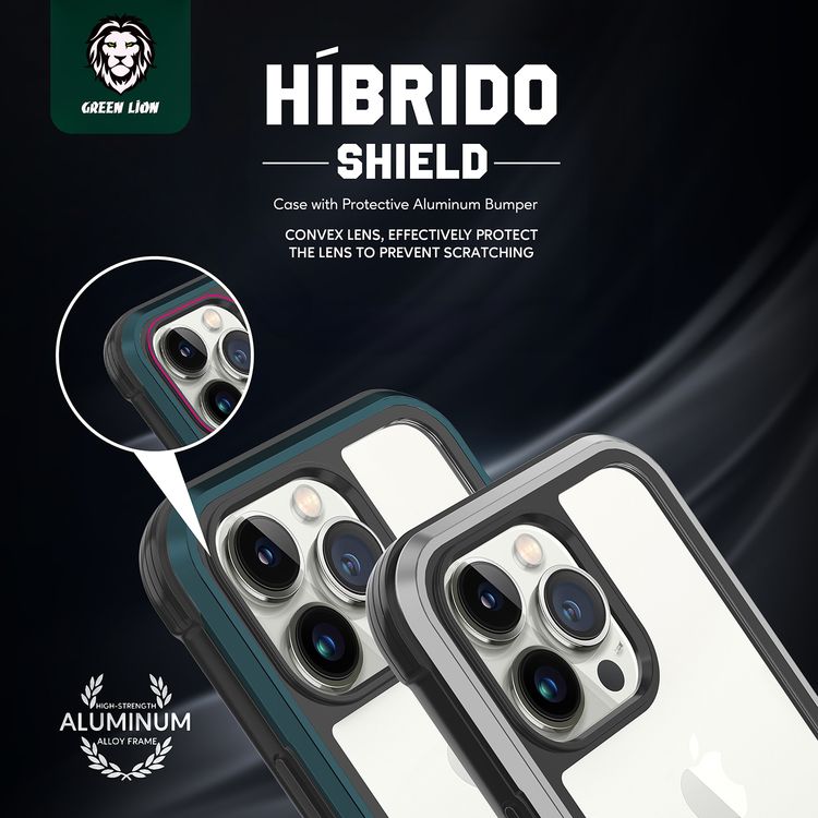 Green Lion Hibrido Shield Case with Protective Aluminum Bumper for iPhone 13 Pro, 360° Protection, Shock Absorption, Anti-Fingerprint, Raised Lip Design, Anti-Yellowing - Gold