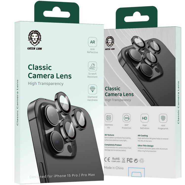 Green Lion Classic Camera Lens for iPhone 15 Pro/15 Pro Max, 9H Hardness, 360° Protection, Anti-Fingerprint & Anti-Reflective, Seamless Fit, Ultra Thin Design - Black