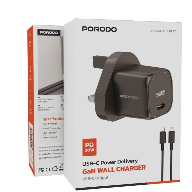 Porodo PD 20W USB-C Power Delivery GaN Wall Charger with USB-C to Lightning Cable, Over-Heat Protection, Universal Compatibility, Portable & Travel Friendly - Black