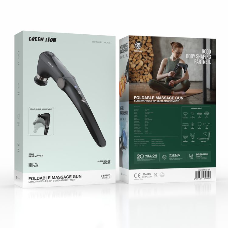 Green Lion Foldable Massage Gun with Long Handle, 45° Bend Adjustment, 10×Massage Heads, 9×Speed Levels, 90Min Working Time, 15Min Auto Shut-Off, 5s Heat-Up & 5Min Constant Cold, 3200 RPM DC Brushed Motor, 0°C Cool & 45-50°C Hot Temperature, Type-C Port – Black
