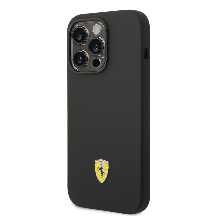 Ferrari Liquid Silicone Case with Black Camera Outline & Metal Logo iPhone 14 Pro Compatibility - Black