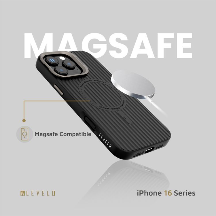 Levelo Livia Case for iPhone 16 Pro Max with MagSafe Compatibility, Impact-Resistant Corners, Built-in Kickstand, TPU with Silicone Surface, Metal Camera Ring - Black