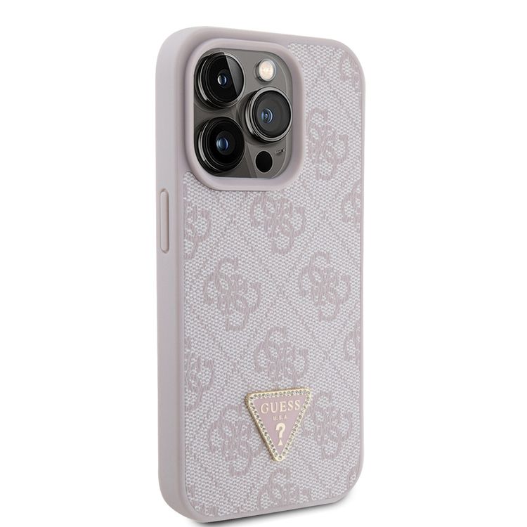 Guess PU Leather Case with 4G Triangle Strass & Triangle Logo - Pink - iPhone 15 Pro