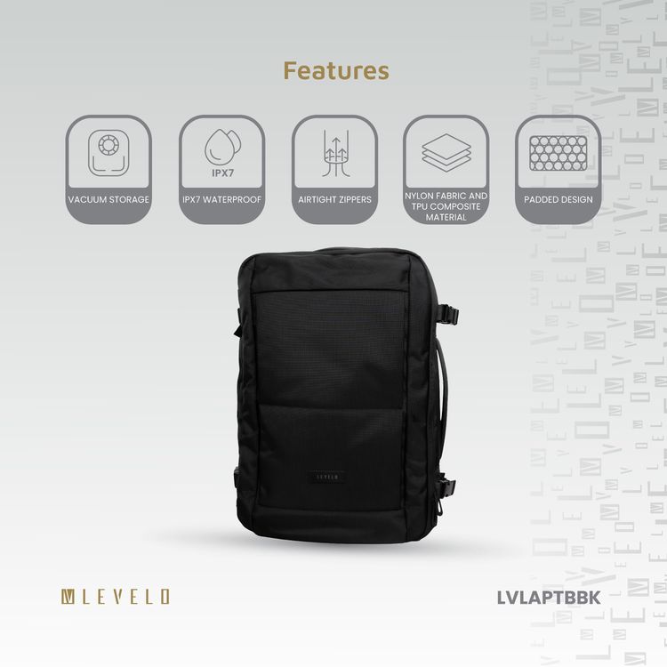 Levelo Aeropact Travel Backpack with Built-in Vacuum Storage, Up to 15.6" Laptop Size Compatibility, IPX7 Waterproof, Airtight Zippers, Durable Material - Black