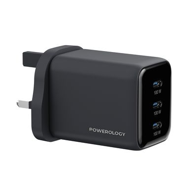 Powerology Volt-X 100W Multi-Port GaN Wall Charger with triple USB-C Ports, Advanced Safety Features, Wide Compatibility, Universal Protocol Support, Fast Charging Speed, GaN Technology, Compact Travel Size - Black