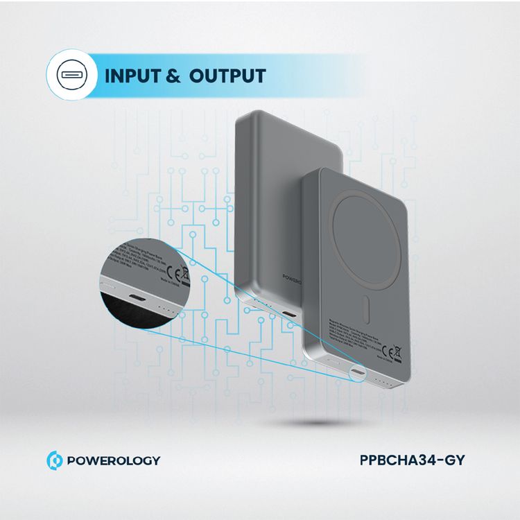 Powerology 10000mAh MagSafe Aluminum Power Bank with Battery Level Indicator, Lightweight & Compact Design, Fast & Simultaneous Charging, Type-C Input & Output, 15W Wireless Output - Gray