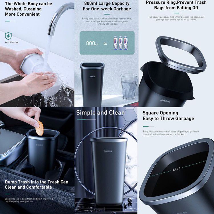 Baseus Dust-free Vehicle-mounted Trash Can with 800mL Capacity, ABS and PC Material, 90 Pieces of Garbage Bags Included, Mini and Portable, Fits in Car Armrest Box & Door Compartment, Easy to Clean - Black