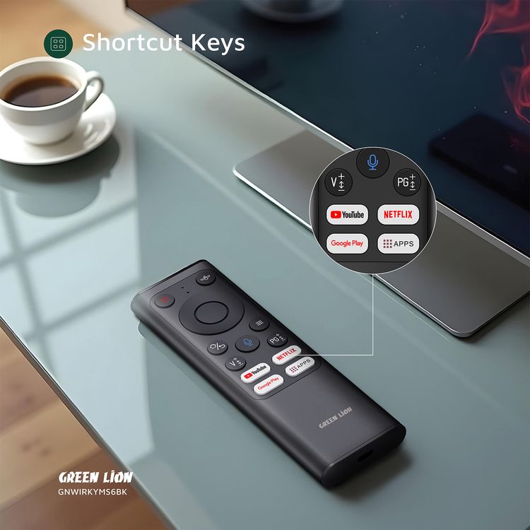 جهاز Green Lion Wireless Remote Pro مع لوحة مفاتيح وفأرة، اتصال 2.4G + بلوتوث، دقة 1200 DPI، منفذ شحن Type-C، مساعد صوتي، 61 مفتاح للوحة المفاتيح، سعة بطارية 300mAh، لوحة مفاتيح صغيرة – باللون الأسود.