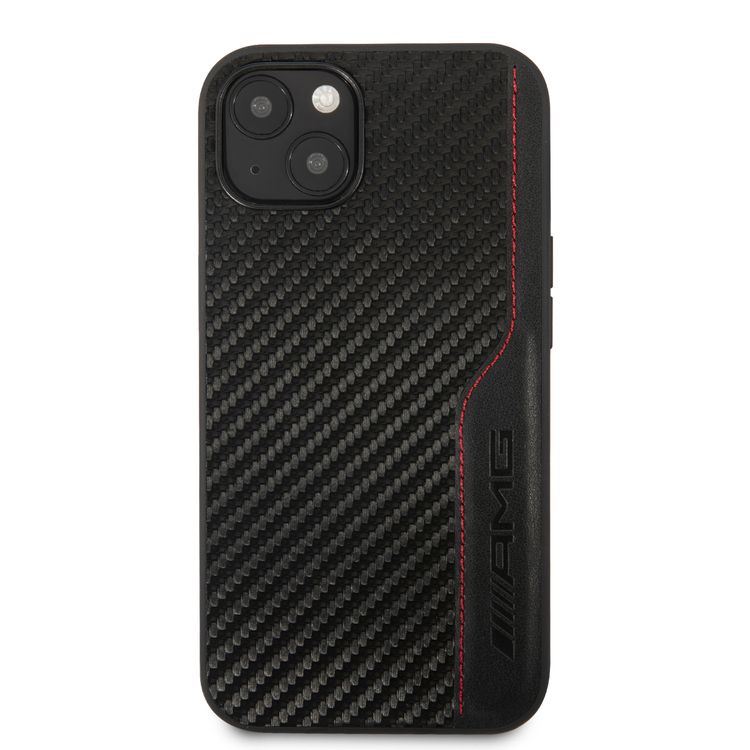 CG MOBILE AMG Hard Case with PU Carbon Effect Leather & Red Stitching Line Hot Stamped Logo Compatible for iPhone 13 (6.1") Easy Access to All Ports
