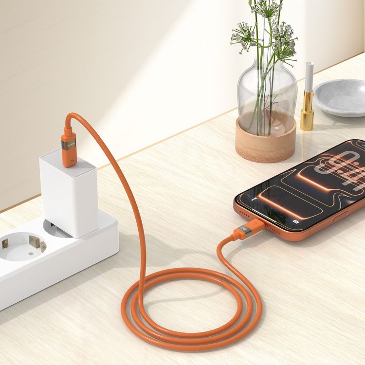 Green Lion Matte Silicone USB-C to USB-C Cable with 240W Ultra-Fast Charging Power, Compatible with Laptop,  USB 2.0 480 Mbps Data Transfer, Secure & Safe, Charge & Sync, Matte Silicone + Aluminum Alloy Material, 1m Cable Length - Orange