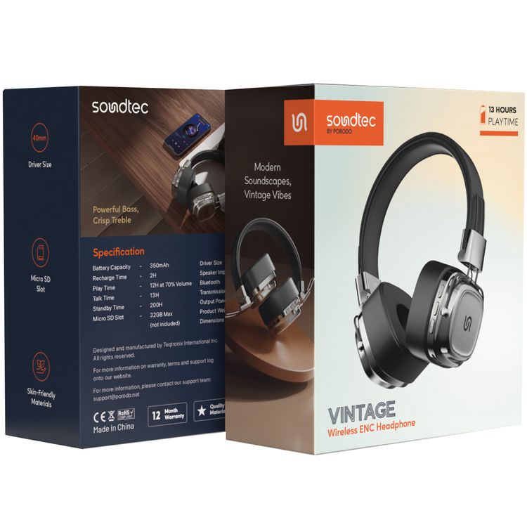 Porodo Soundtec Vintage Wireless ENC Headphones, Up to 12 Hours Battery Life, 10m Transmission Distance, 350mAh Battery Capacity, 2 Hours Recharge Time  - Black / Silver