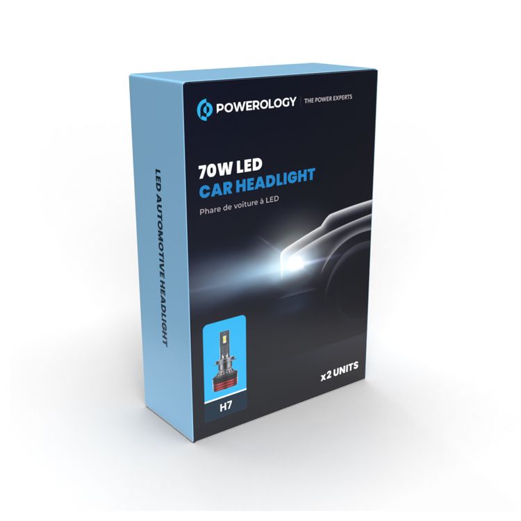 مصابيح أمامية للسيارات LED من Powerology بقوة 70 واط H7 مع سطوع 6000 لومن، بدرجة حرارة لون 6500-7000 كلفن، تحتوي على وحدتين، ضوء فائق السطوع، تبديد الحرارة، تركيب سهل - اللون الأسود