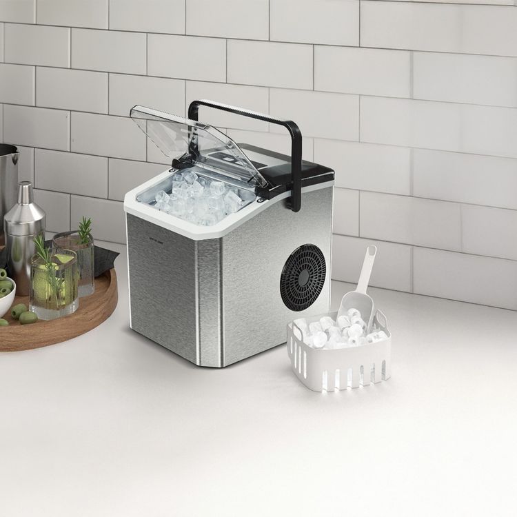 صانع الثلج الفوري جرين ليون آيس ميت مع شاشة تحكم باللمس، قدرة طاقة مصنفة 130 واط، سعة خزان مياه 1.3 لتر، سعة سلة الثلج 0.5 كجم، قابس BS بطول 1.2 متر، رصاصات صغيرة وكبيرة، مؤشر إضافة الماء ومؤشر امتلاء الثلج.