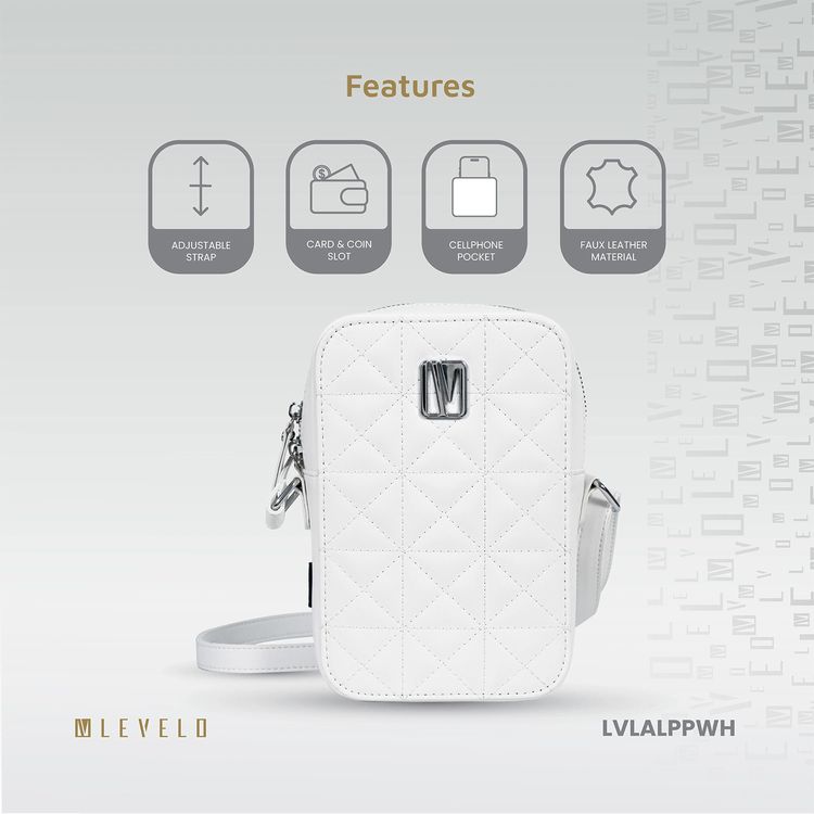 Levelo Albino Ladies Phone Pouch with Faux Leather Material, Adjustable Strap, Exquisite Safeguarding, Card & Coin Slot Included, Universal Phone Compatibility - White