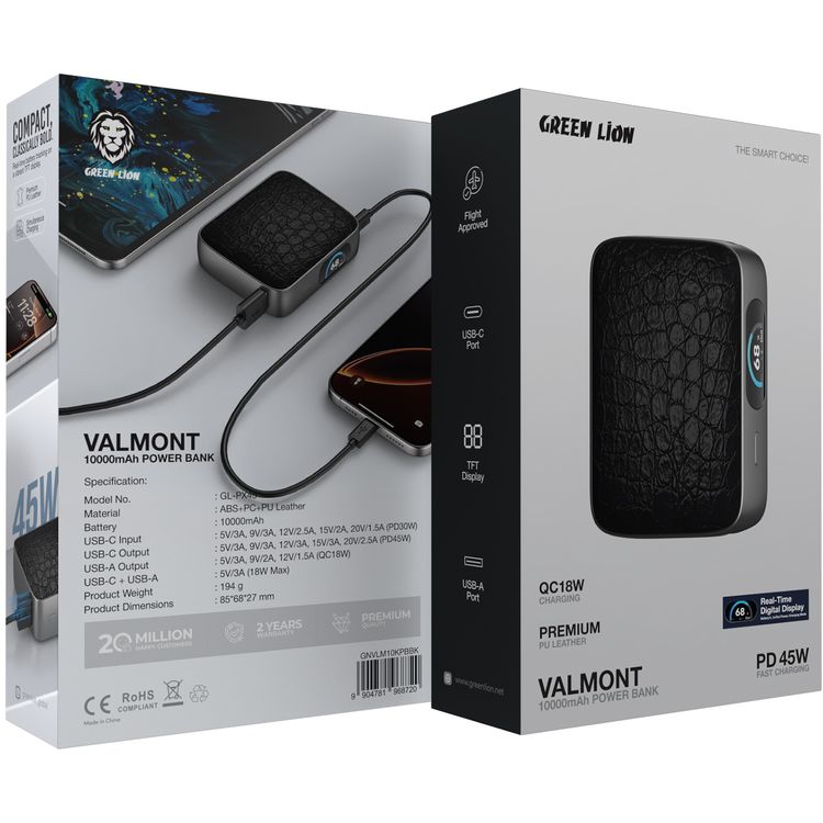 البنك الطاقة الأخضر لايون VALMONT بقوة 10000mAh مع جلد PU فاخر، شحن سريع بقدرة 45W PD، معتمد للرحلات الجوية، شاشة TFT، شحن QC18W - أسود