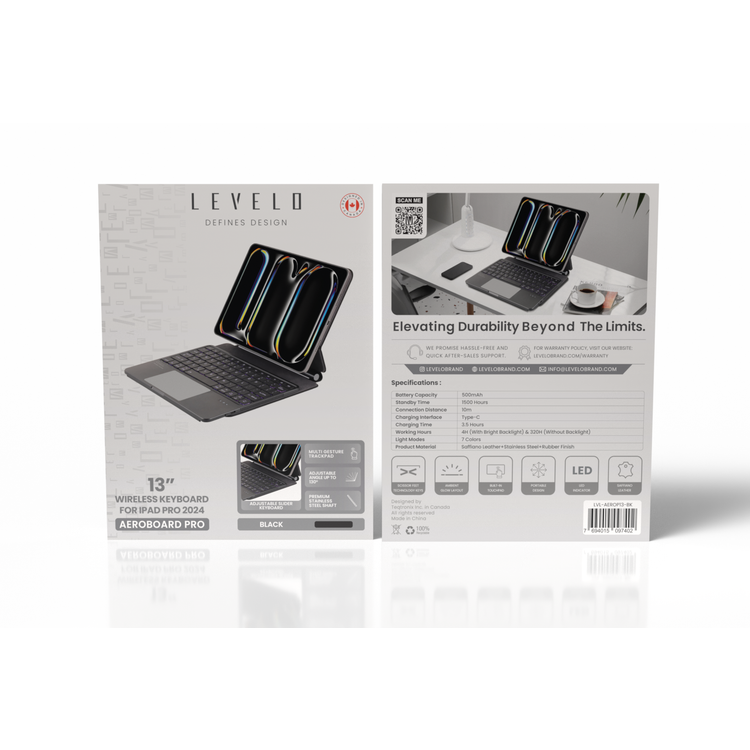 Levelo AeroBoard Pro Saffiano Leather Wireless Keyboard for iPad Pro 13" 2024, Stainless  Steel + Rubber Finish, 500mAh Battery Capacity, Type-C Charging Interface, Up to 320 Hours Working Time, 7 Color Light Modes - Black