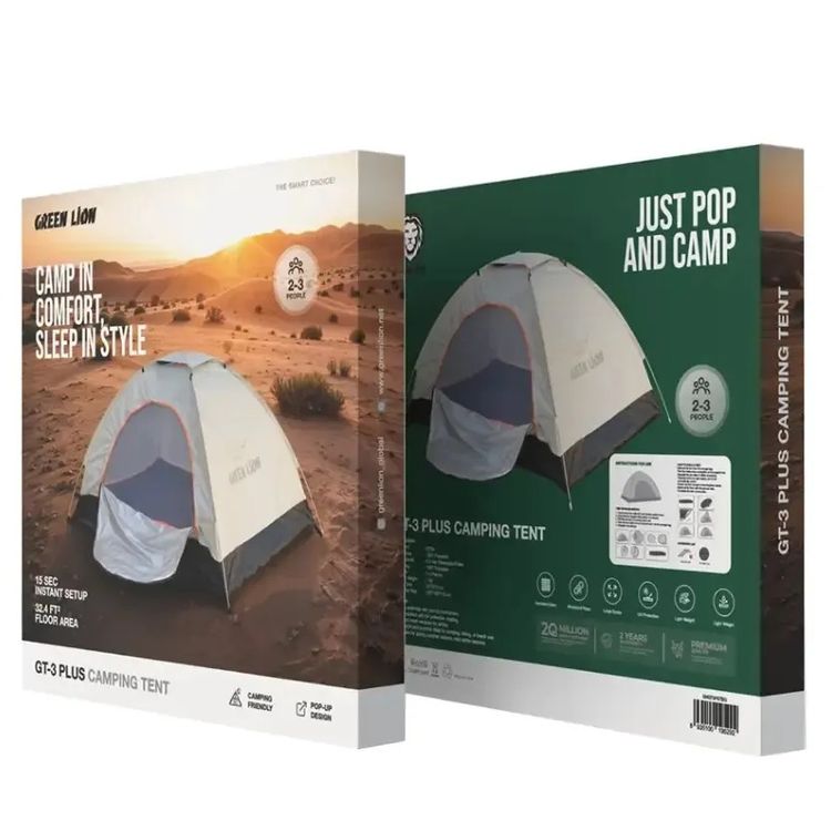 خيمة التخييم جرين ليون GT3-PLUS، تصميم مدمج وقابل للطي، سعة 2-3 أشخاص، حبل مقاوم للرياح، حماية من الأشعة فوق البنفسجية، شبكة تهوية.