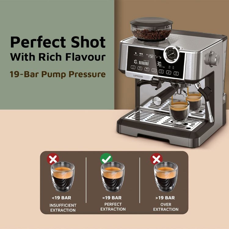 LePresso Dual Boiler Espresso Machine with Adjustable Grinder, Automatic Shutdown, Milk Frothing Nozzle, CUP Warmer - Silver
