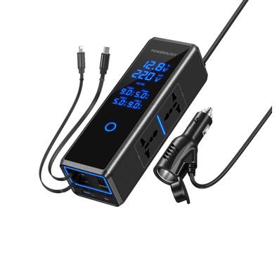 Powerology 300W Car Power Inverter with Dual AC Sockets, Silent Cooling Fan, LED Ambient Lighting, 36W Power Delivery, USB-C & USB-A Ports, Touch Control Switch, Real-Time Voltage Display, Built-in USB-C & Lightning Cables - Black