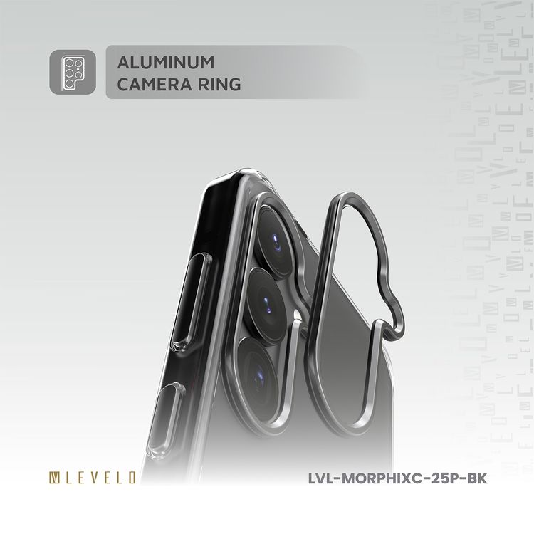 غطاء Levelo Morphix Clara مع مسكة جلد مدمجة لهاتف Samsung Galaxy S25 Plus، مصنوع من مادة TPU، زوايا مقاومة للصدمات، حلقة كاميرا معدنية، مادة هجينة - اللون الأسود.