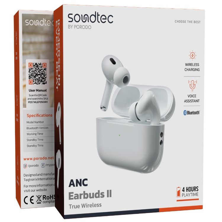 Porodo Soundtec ANC Earbuds Pro II True Wireless with 4 Hours Working Time, Wireless Charging Compatibility, 10m Transmission Distance, 30 Hours Earbuds Standby Time - White