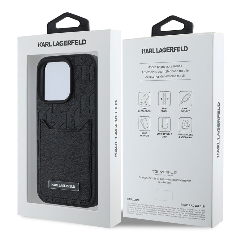 Karl Lagerfeld PU Hard Case for iPhone 16 Pro Max with Card Slot & Monogram Design Logo, Drop Protection, Easy Snap-on, Slim Profile, Lightweight, Sustainable Packaging - Black