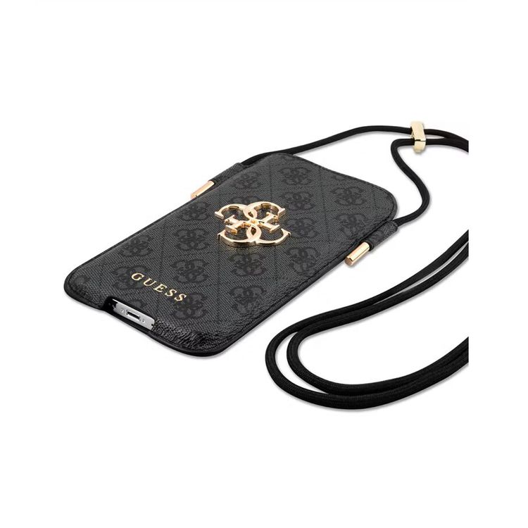 Guess 4G Script Crossbody Phone Pouch for iPhone 12 Pro Max ( 6.7" ) with Adjustable Neck Cord Lanyard Strap, Synthetic Leather Material - Gray