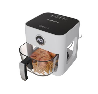 قلاية هوائية من بورودو لايفستايل بوعاء زجاجي، بسعة 5 لتر، مؤقت يصل إلى 60 دقيقة، 8 إعدادات مسبقة، عرض بانورامي 360°، قوة مصنفة 1200 واط، زجاج مخصص للطعام، لوحة لمس - أبيض