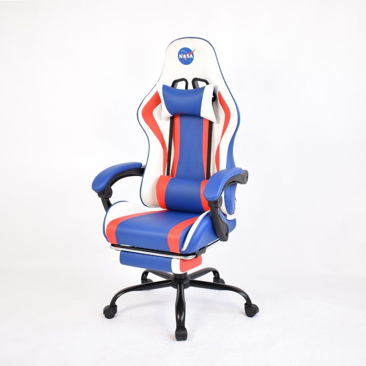 NASA Discovery Gaming Chair, Faux Leather, Height Adjustable, High Density Foam, Recline Mechanism - White/Blue/Red