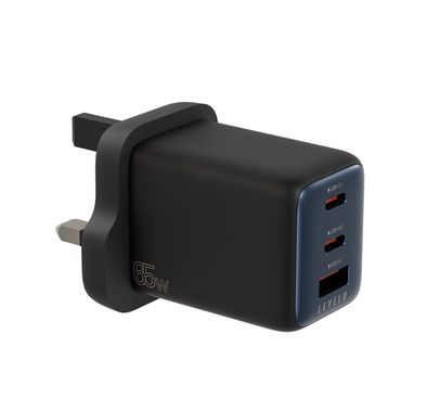 Levelo Vero GaN 65W Triple Port Adapter with 2× Type-C + USB-A Ports, Fast Charging, Over Charge Protection, UK Power Plug - Black / Blue