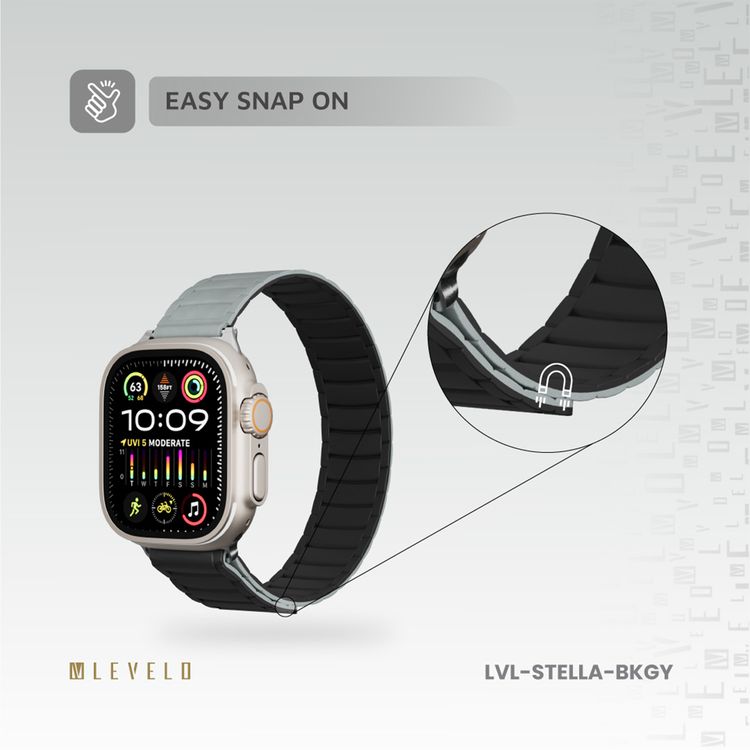 شريط ساعة Levelo Stella سيليكون مع مغناطيس، متوافق مع الساعات الذكية 49/46 ملم و Apple Watch SE، السلسلة 9، 8، 7، 6، 5، قابل للارتداء بلونين، مصنوع من مادة مضادة للحساسية، سهل التركيب، مقاوم للعرق، مقاوم للماء - أسود / رمادي.