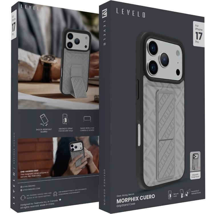 Levelo Morphix Cuero GripStand Case for iPhone 17 Pro, Raised Bezels for Camera & Screen, Shock-Resistant Bumper, Secure Hold, Horizontal & Vertical Viewing - Cloud Gray