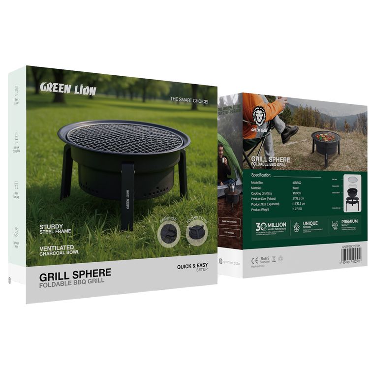 شواية جرين ليون جريل سفير القابلة للطي مع حقيبة حمل، مصنوعة من الفولاذ، حجم شبكة الطهي Ø29 سم، وعاء فحم جيد التهوية، سهلة التنظيف، إعداد طبخ متعدد الطبقات، أرجل متينة وثابتة - أسود.
