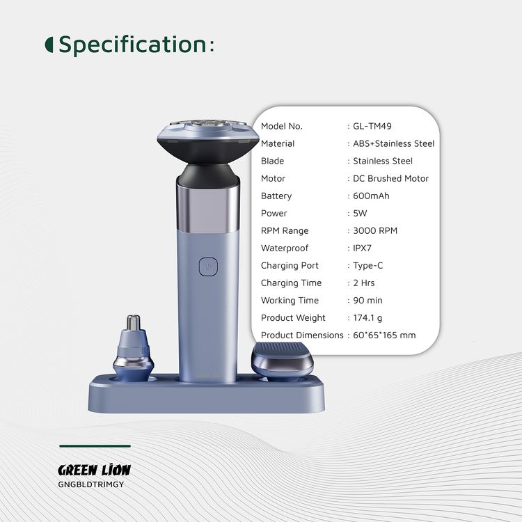 Green Lion 3-in-1 G-Blade Trimmer with Digital Display, 90 Minutes Working Time, 5W Power, Stainless Steel Blade, 600mAh Battery, Travel Lock, Shaver, Hair & Nose Trimmer - Gray