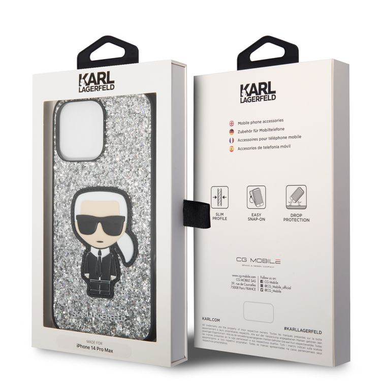 Karl Lagerfeld Glitter Flakes Case with Ikonik Patch Shockproof iPhone 14 Pro Max Compatibility - Silver
