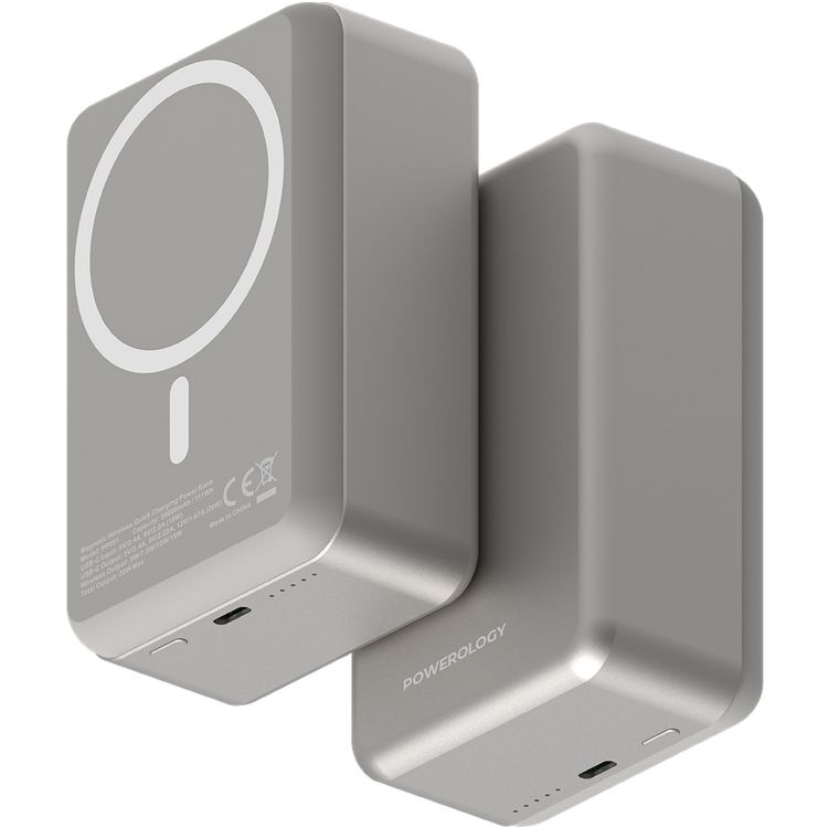 Powerology 30000mAh MagSafe Aluminum Power Bank with 20W Power Delivery, 15W Wireless Output, Li-Polymer Battery, Simultaneous Charging, Compact Design - Titanium