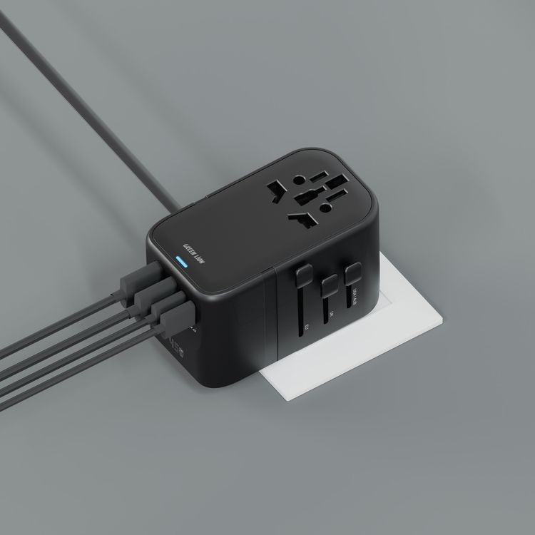 Green Lion Companion 45 Universal Travel Adapter, UK-US-EU-AUS Plug Types, 50cm Retractable USB-C Cable, 45W Power Delivery, 6-Device Charging, PC Flame Retardant - Black
