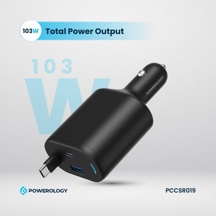 Powerology Retractable Car Charger with Simultaneous Charging, Built-In Safeguards, Patented Design, 1m Cable Length - Black 