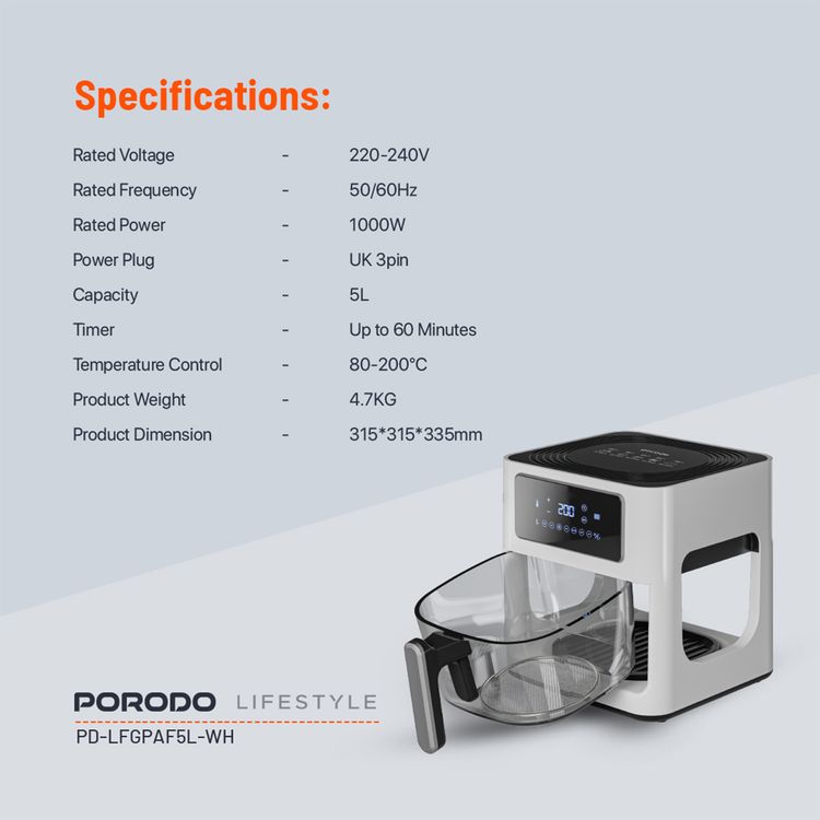 Porodo Lifestyle Glass Pot Air Fryer with a Touch Panel,1000W Rated Power, 5 Liter Capacity, 80-200°C Temperature Control - White