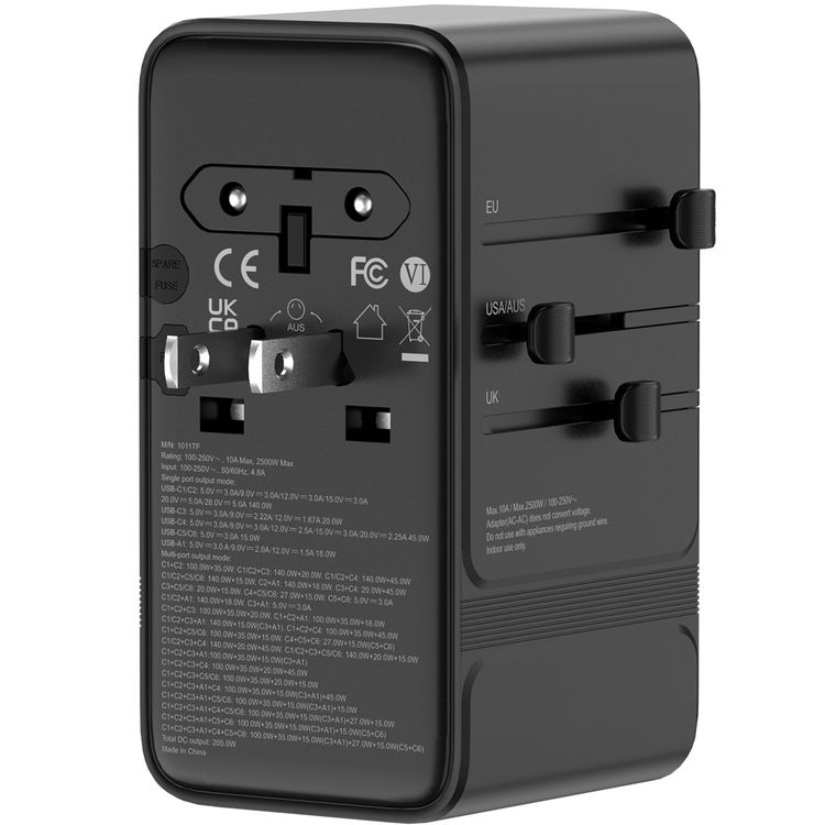 Powerology Spetrova GaN Multi-Port Universal Adapter, USA, AU, UK & EU Supported Plugs, 2500W Rated Power, Heat-Resistant Housing, Fast Charge Support, 1 × USB-A & 6 × USB-C Ports, 205W Total DC Output - Black