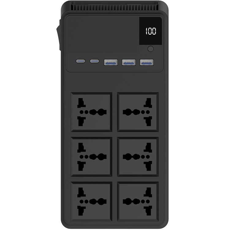 Powerology 2500W Power Strip with 6 AC Sockets & Built-in Retractable Cables, 5 USB Ports, USB-C & Lightning Outputs, Built-in Safeguards, Fire-Proof Material, 24H Timer, Simultaneous Charging, 70cm Cables Length & 3m Power Cord Length - Black