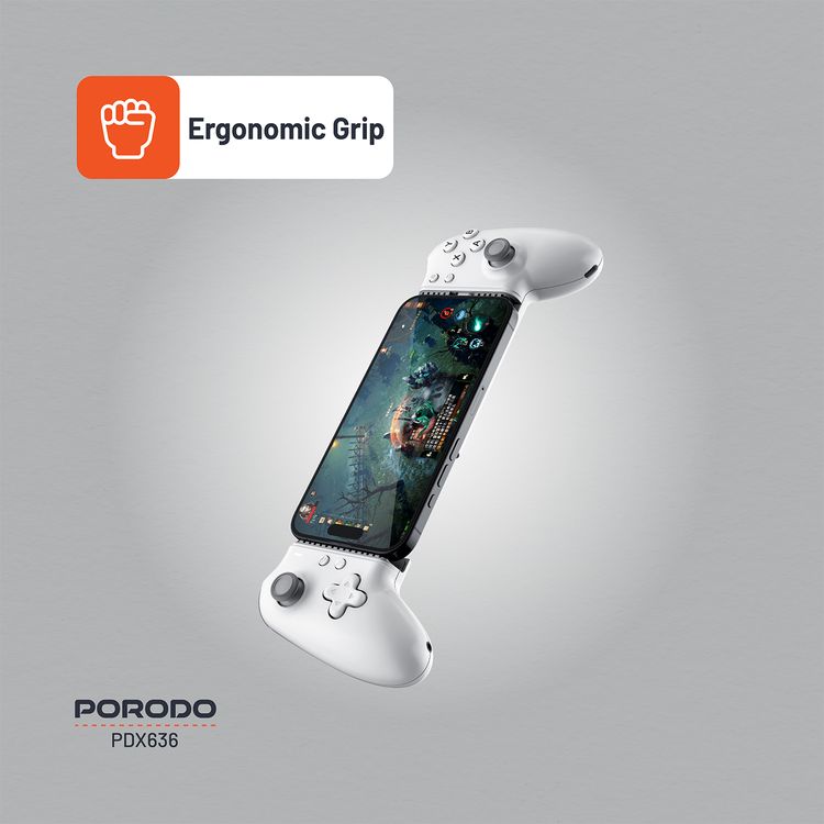 Porodo Gaming Multi-Platform Game Controller, Bluetooth & Wired Connection, Supported Devices of Up to 176mm in Width, 1000Hz High Polling Rate, Ergonomic Grip - White